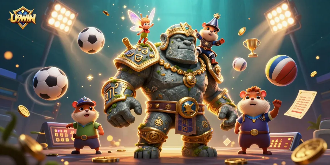 Bet on U9WIN with a dynamic scene of a golem guardian and hamster knight in a vibrant casino.