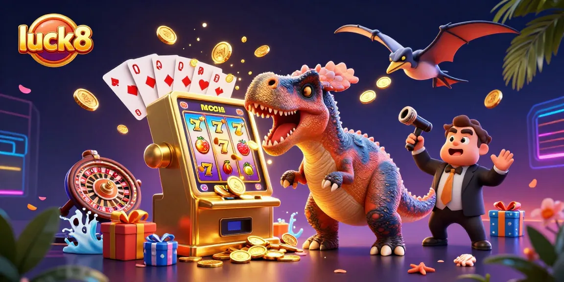 luck8 jackpot with cartoon dinosaurs and a golden slot machine, vibrant casino elements surround