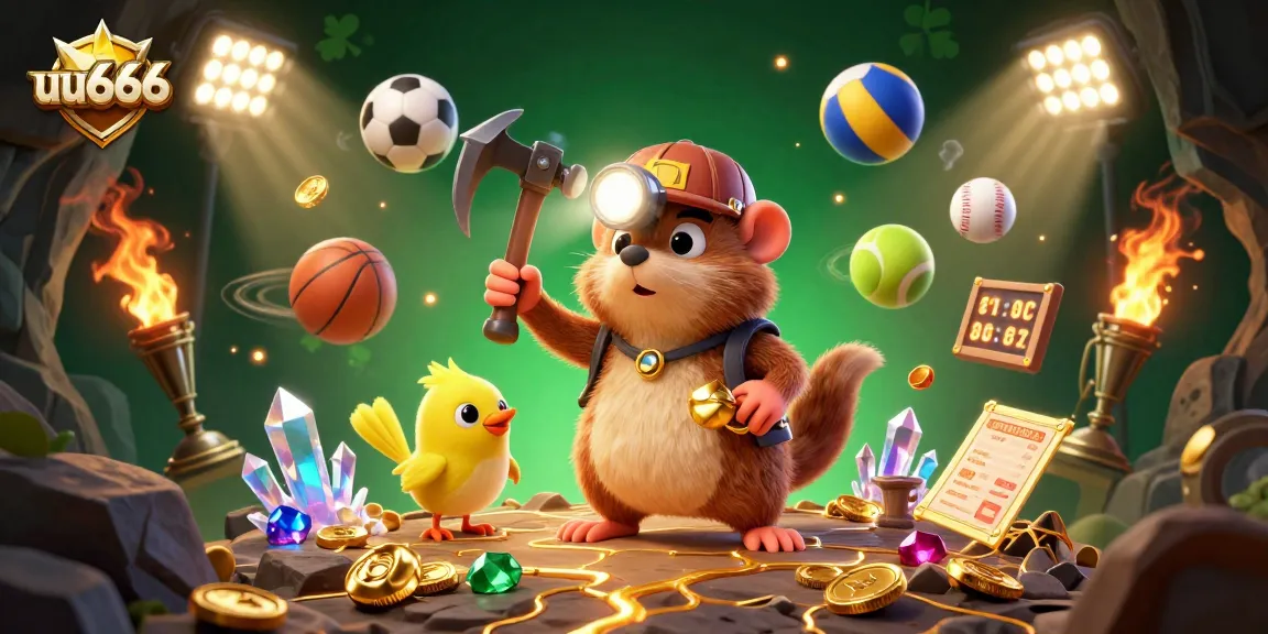 Experience thrilling sports betting with uu666, featuring vibrant scenes of a treasure hunter and dynamic sports elements.