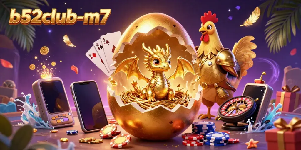 b52club-m7 showcases a golden dragon hatched from a poker chip nest, surrounded by vibrant casino elements.