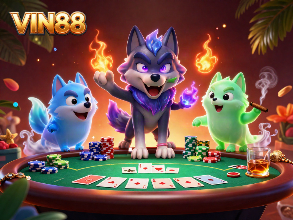 Win big at VIN88 with thrilling poker action featuring a wolf pack leader and vibrant gameplay.