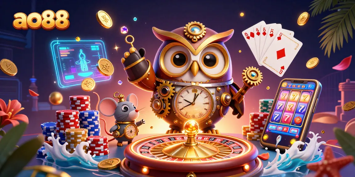 Experience engaging gaming action with ao88, showcasing a vibrant casino scene featuring a time-traveling owl and dynamic elements.