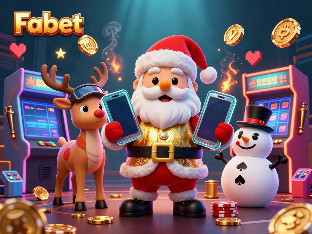 Engage with Fabet's vibrant casino scene featuring Santa, a reindeer dealer, and a poker chip snowman for mobile jackpots.
