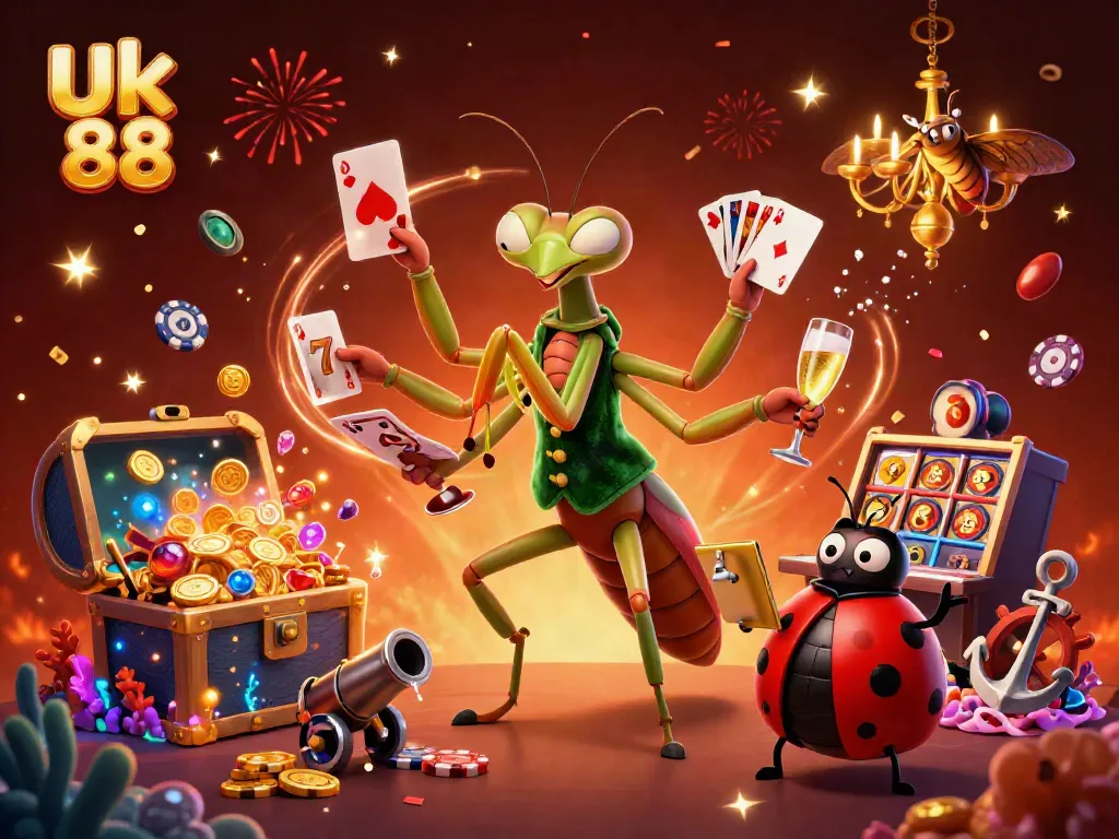 Experience thrilling gameplay at Uk 88 with a giant mantis dealer, vibrant slot reels, and festive atmosphere.