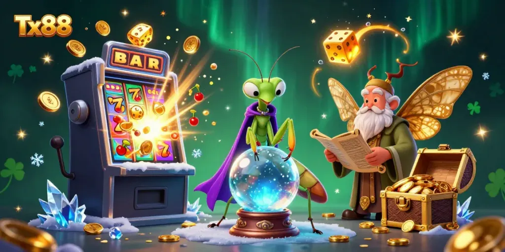 Experience thrilling gameplay at Tx88 with a dynamic casino scene featuring unique characters and vibrant game elements.