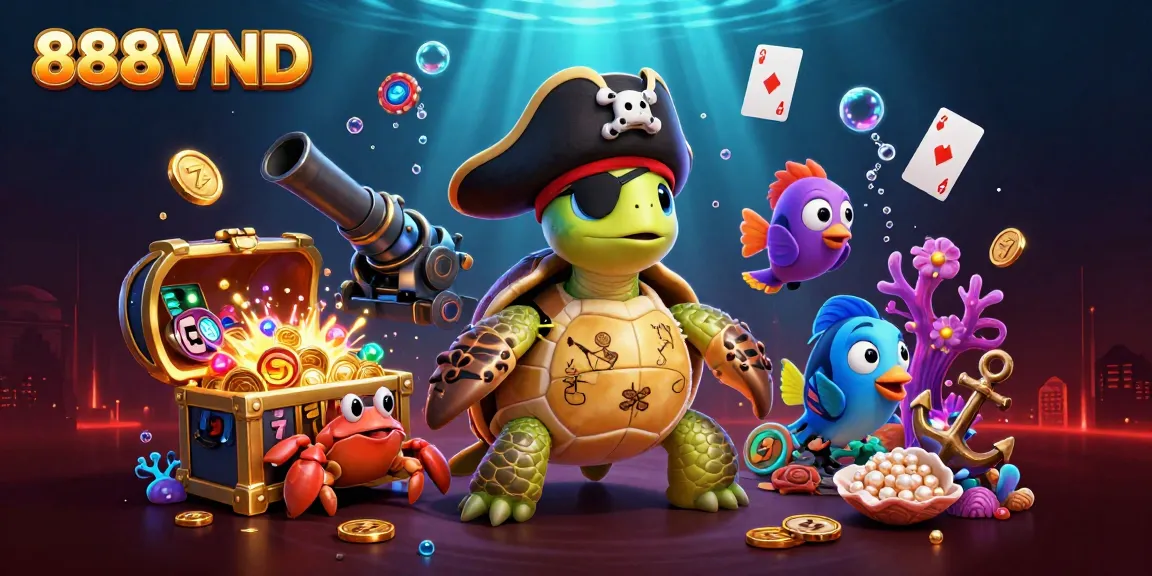 Engage with 888VND as the pirate turtle navigates a vibrant underwater casino scene filled with slots.