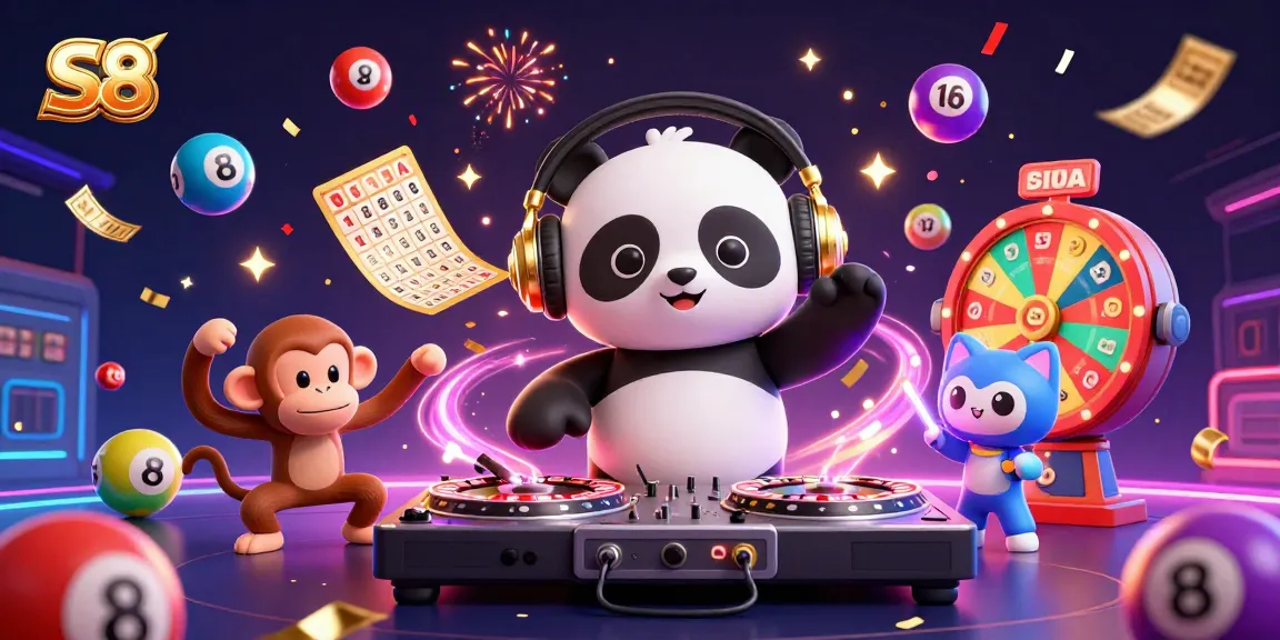 S8 casino adventure with a DJ panda, breakdancing monkey, and glowing kitten amid vibrant gaming elements.