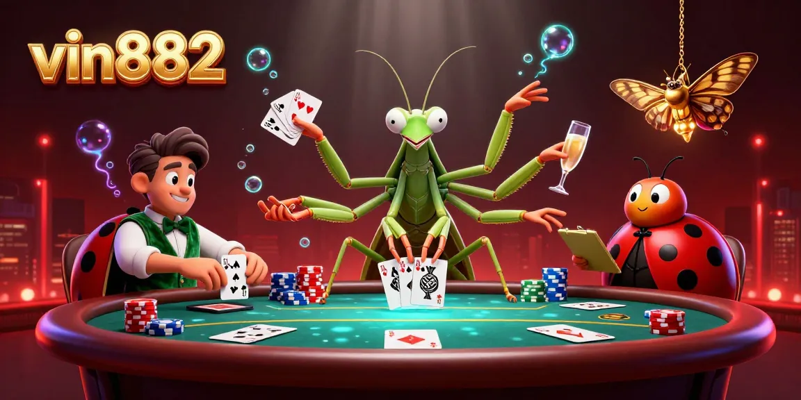 Experience excitement at vin882 with a vibrant 3D casino scene featuring cards, chips, and lively characters.