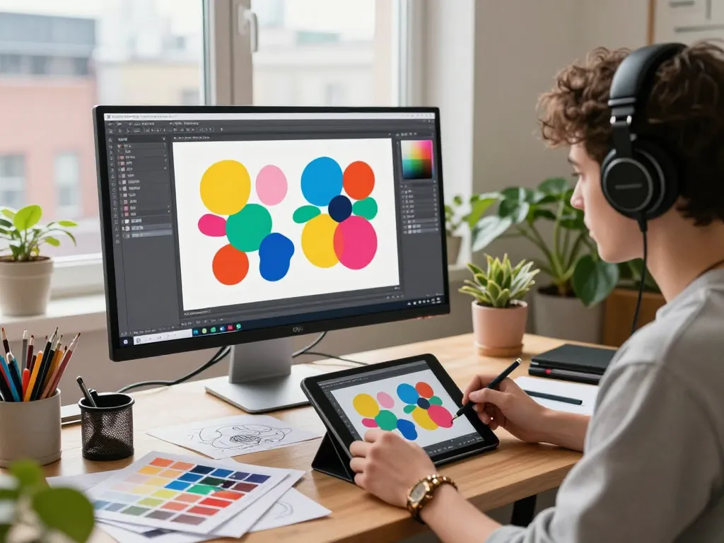 Artist using nano banana pro AI Image Editor in a vibrant creative workspace.