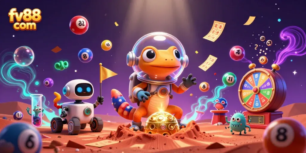 Win prizes at fv88 com with a vibrant casino scene featuring a Martian gecko and dynamic game elements.