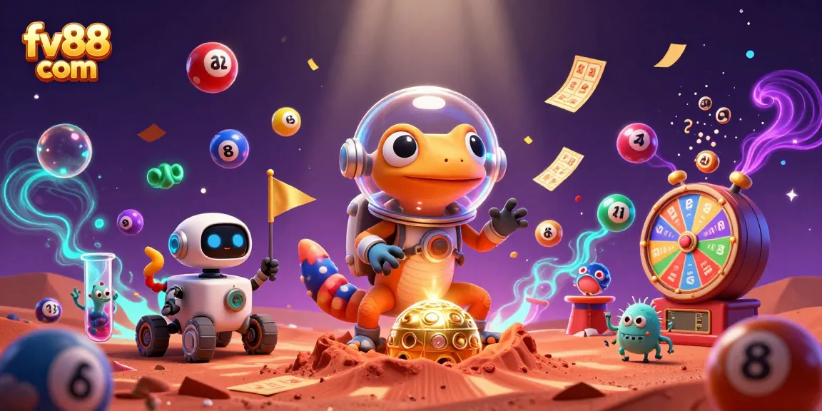 Win prizes at fv88 com with a vibrant casino scene featuring a Martian gecko and dynamic game elements.