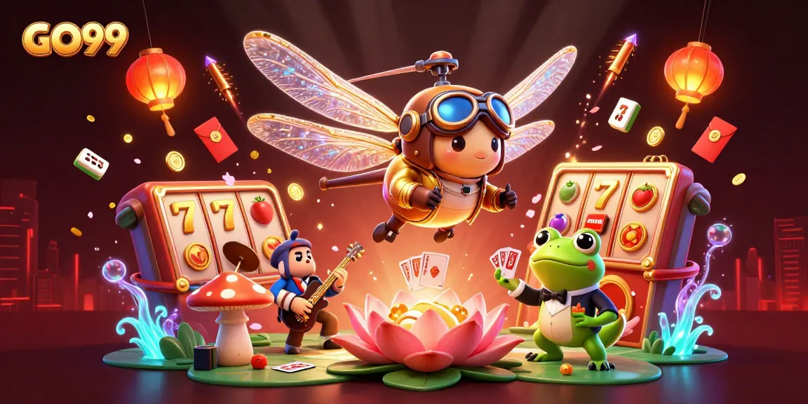 Exciting GO99 casino scene with dynamic characters, slot reels, and festive decorations