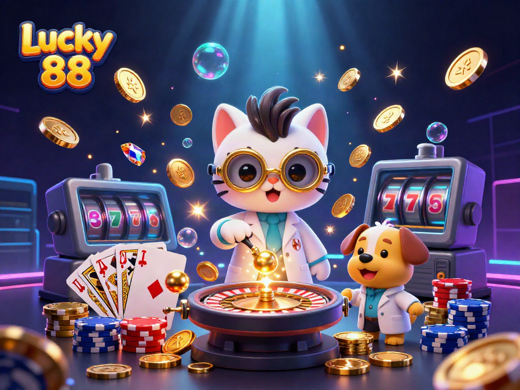Experience the excitement of Lucky 88 with gold coins and vibrant casino elements in an engaging 3D scene.