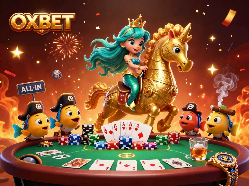 Experience thrilling gaming energy with OXBET's vibrant 3D casino scene featuring a mermaid princess and poker elements.