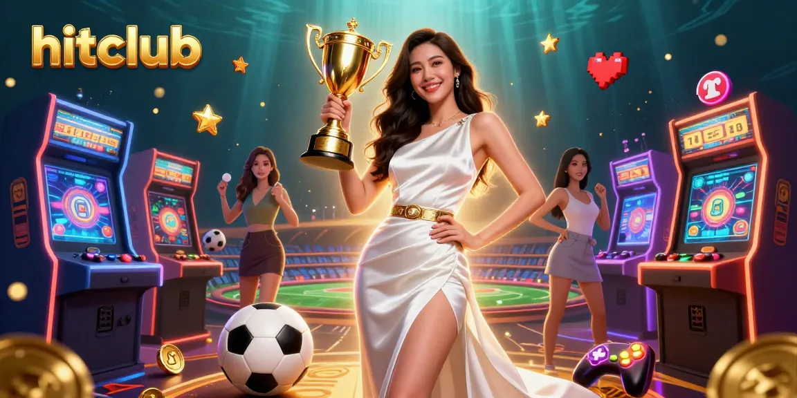 Hitclub showcases thrilling casino excitement with dynamic gaming elements and a victorious Asian woman.