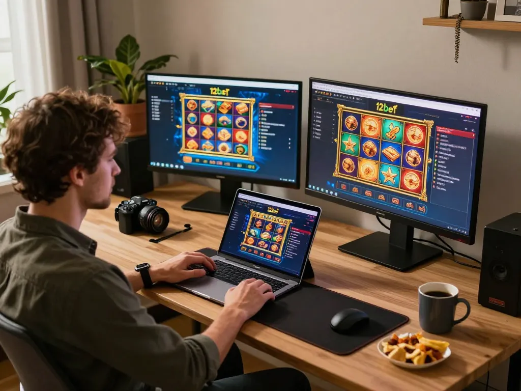Người chơi đang tham gia sử dụng ứng dụng casino 12bet trên laptop trong một không gian ấm cúng tại nhà cho trò chơi trực tuyến.