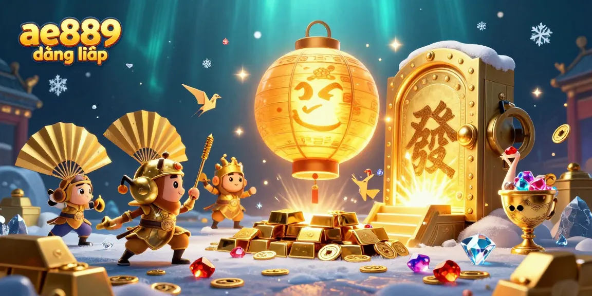Engage with the vibrant and magical scene of ae889 đăng nhập at the casino, featuring golden lantern spirits and treasure elements.