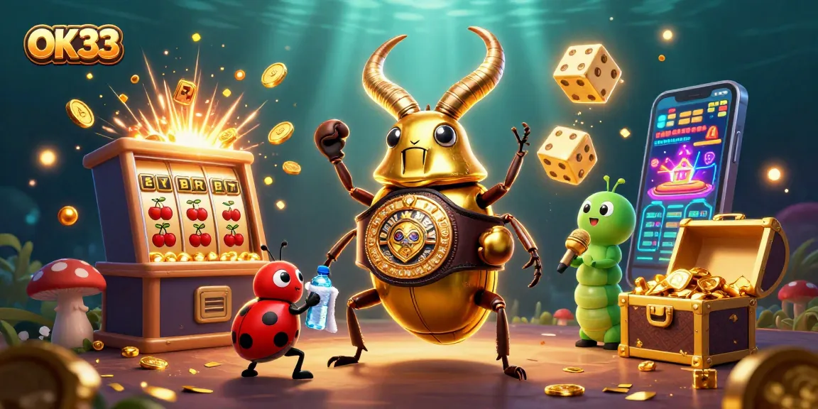 Spin the reels at OK33 with a vibrant 3D casino scene bursting with winning symbols.