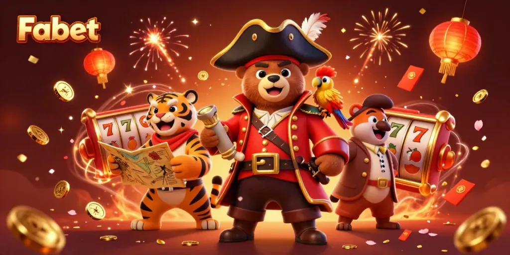 Experience thrilling gameplay at Fabet with our illustrated 3D casino scene, showcasing vibrant characters and slot games.