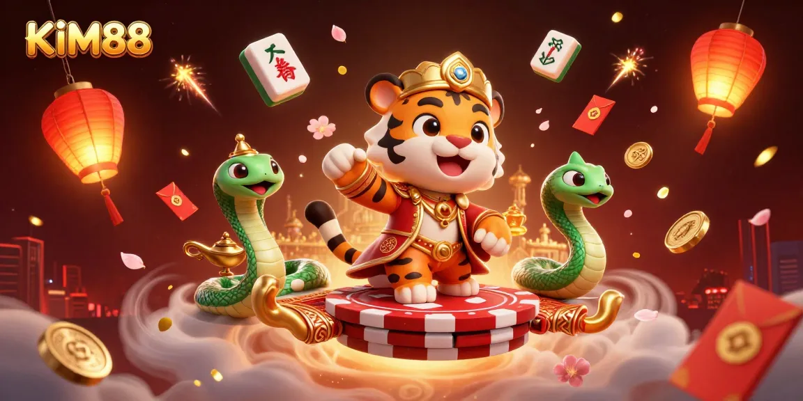 KIM88 features a vibrant 3D illustration with a tiger sultan on a poker chip carpet, creating exciting casino energy.