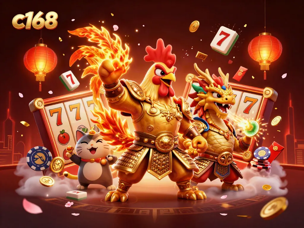 Engage with exciting slot games featuring c168's fighting rooster warrior amid golden celebratory elements.