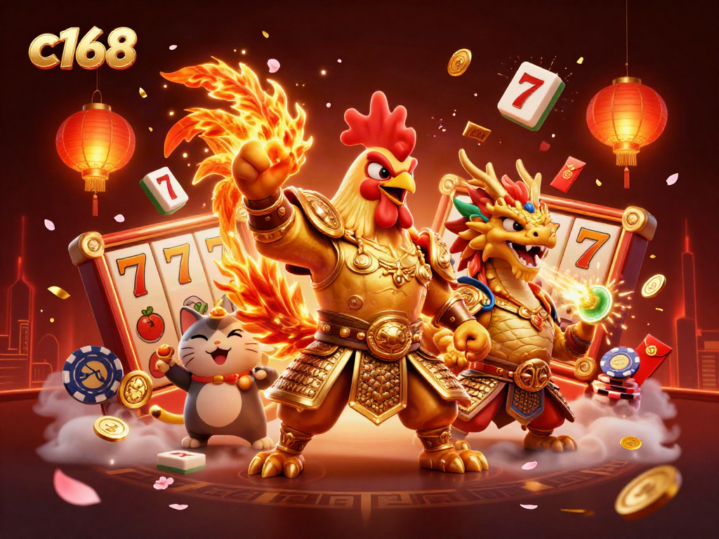 Engage with exciting slot games featuring c168's fighting rooster warrior amid golden celebratory elements.