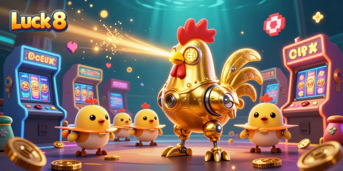 Play Luck 8 in a vibrant casino scene filled with golden robots and arcade games for exciting winnings.