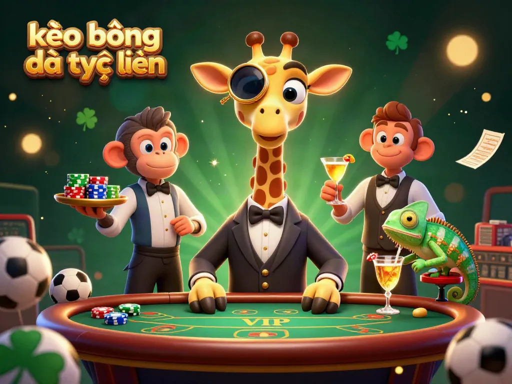 Engage with kèo bóng đá trực tuyến through a vibrant 3D scene showcasing a giraffe high-roller at a betting table.