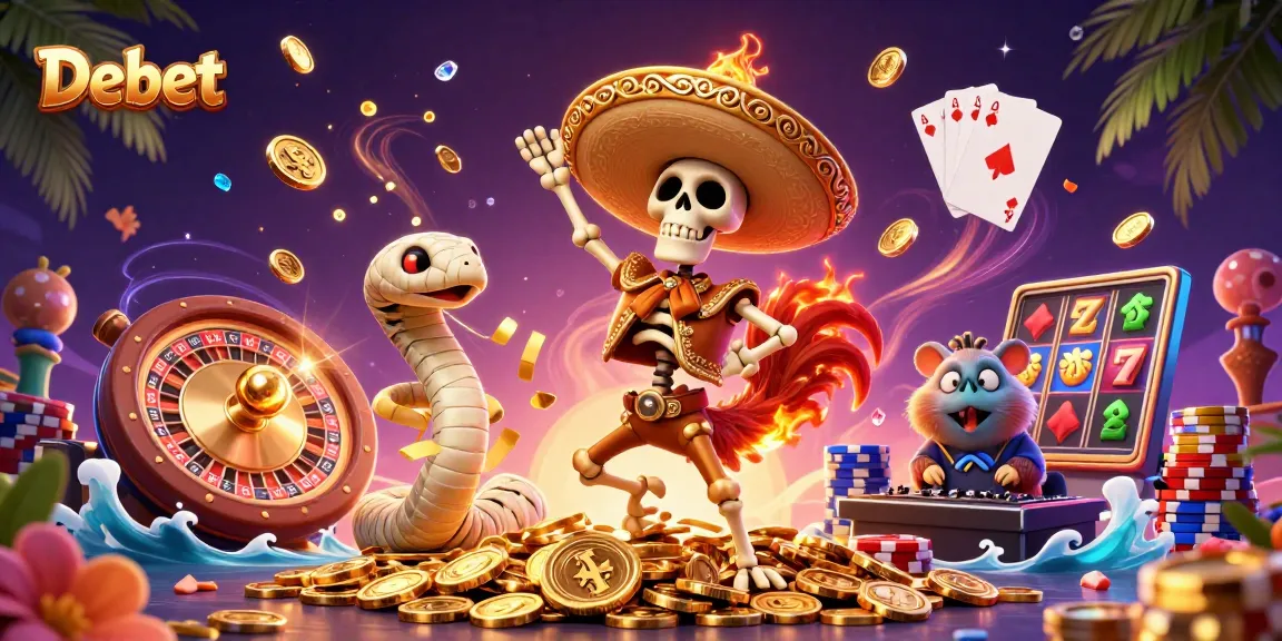 Debet offers an exciting casino experience with vibrant characters celebrating wins amidst casino elements.