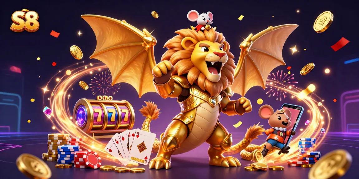 S8 casino gaming scene featuring a chimera creature with golden armor and a mouse jockey amidst dynamic jackpot elements.
