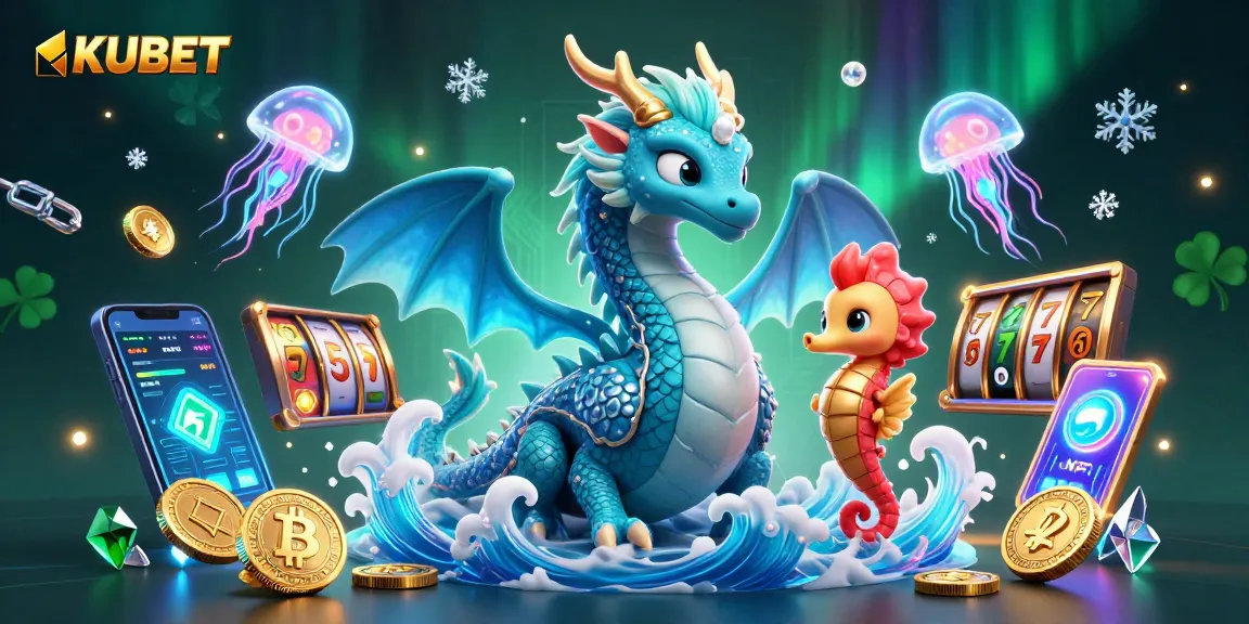 KUBET showcases an azure water dragon with coral knight seahorse amidst dynamic slot game elements.