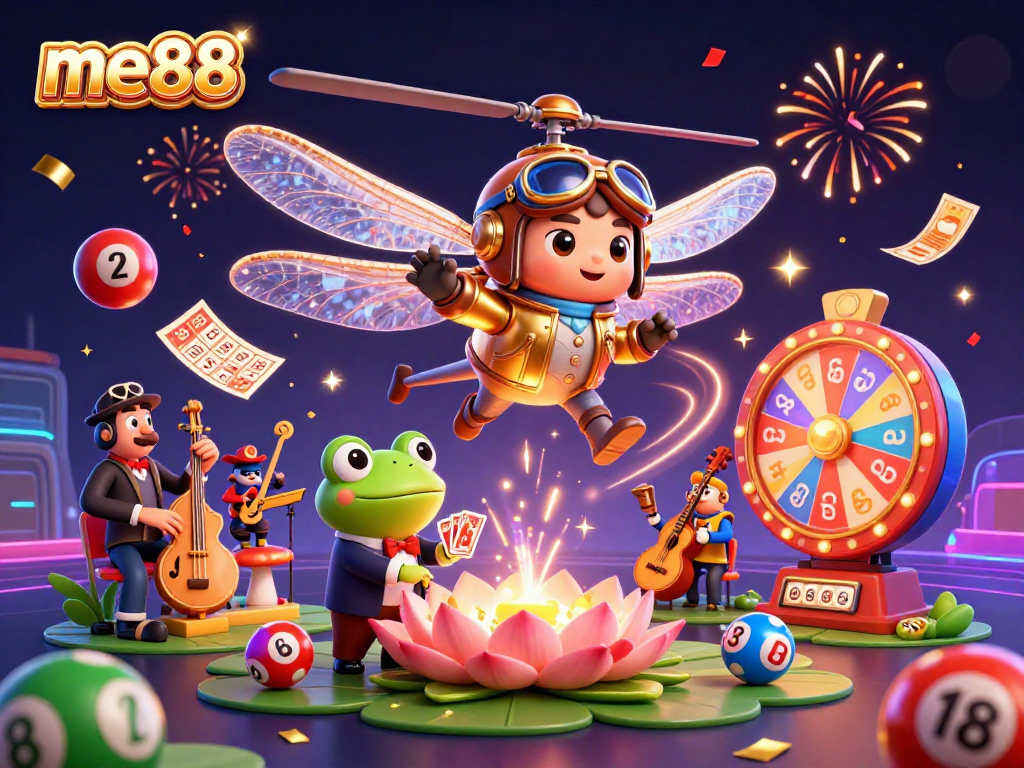 Experience the exciting world of me88 with interactive games and vibrant casino elements in a festive visual.