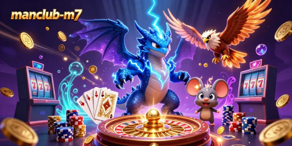 Experience the thrill of manclub-m7 with a dynamic casino scene featuring vibrant characters and energetic game elements.