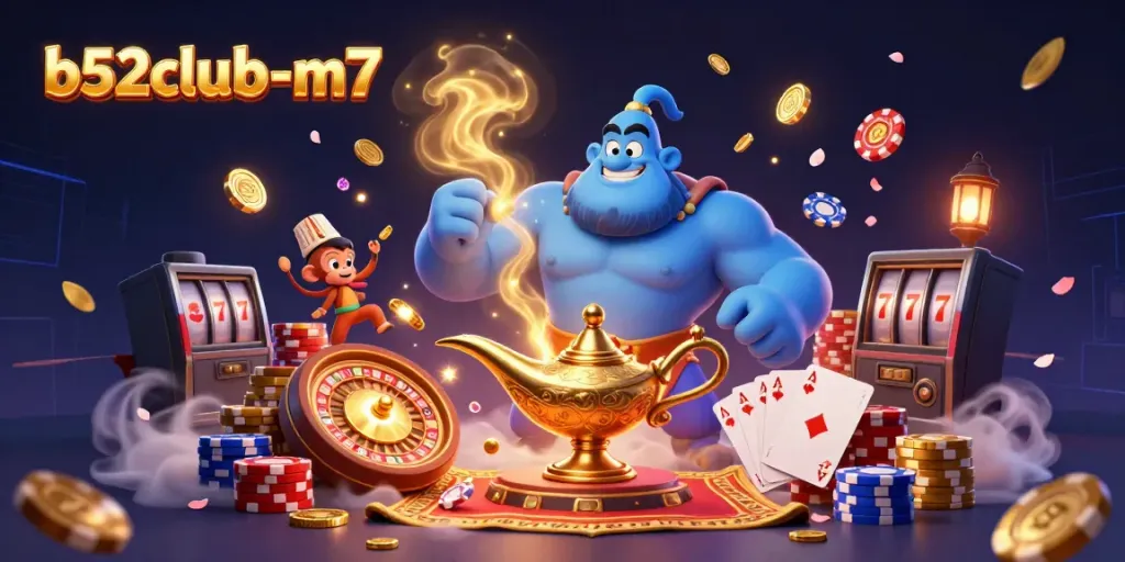 Experience the magic of b52club-m7 with a dynamic casino illustration featuring exciting gaming elements.