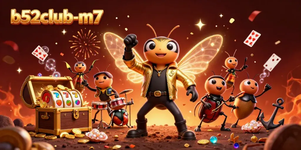 Engage with thrilling gameplay at b52club-m7 featuring a rock star cicada amidst a lavish casino scene.