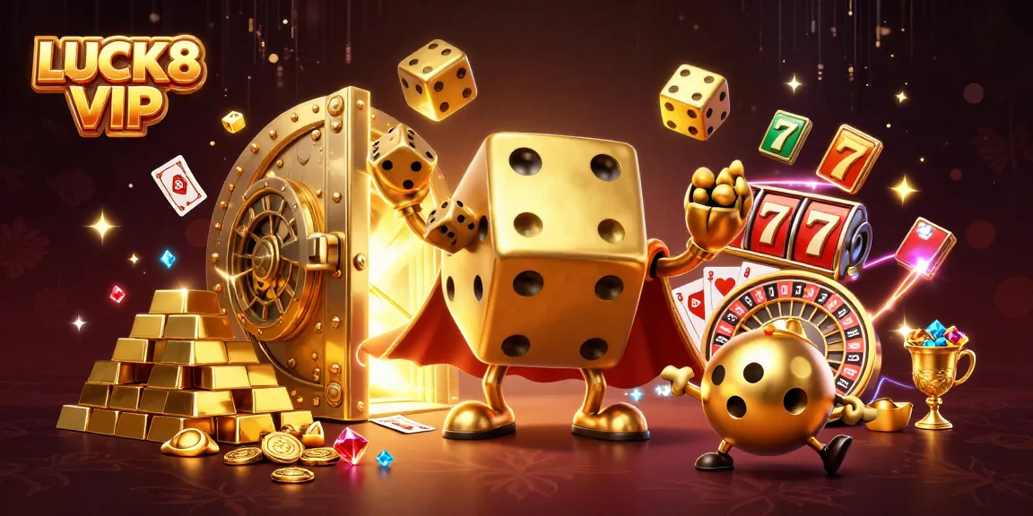 Join the excitement at LUCK8 VIP as the golden dice golem juggles treasures and slot elements.