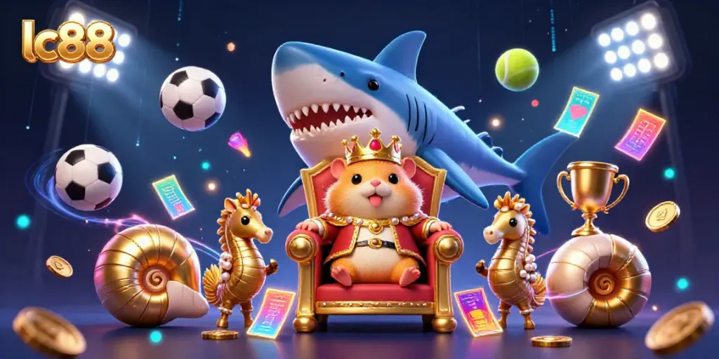 Experience the excitement of lc88 with a vibrant 3D scene showcasing a hamster king and gaming elements.
