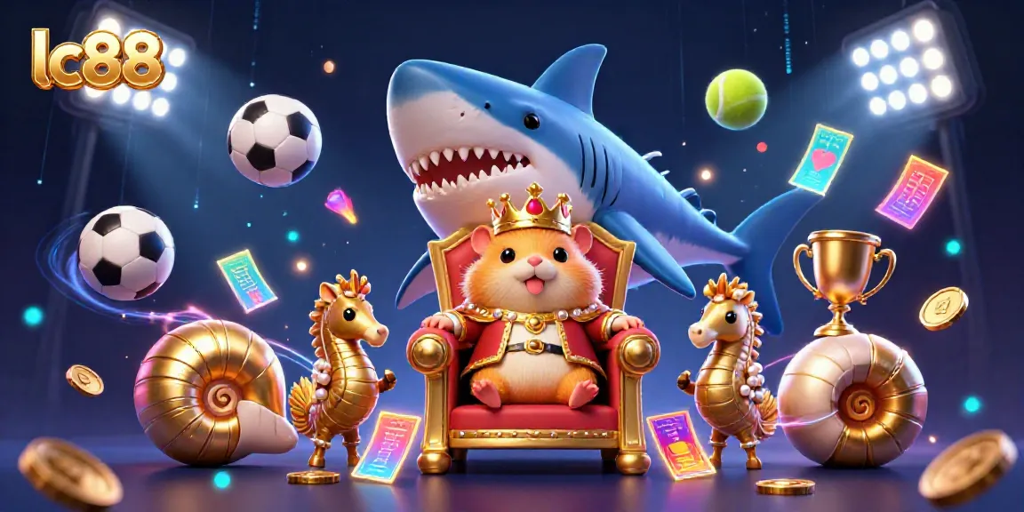Experience the excitement of lc88 with a vibrant 3D scene showcasing a hamster king and gaming elements.