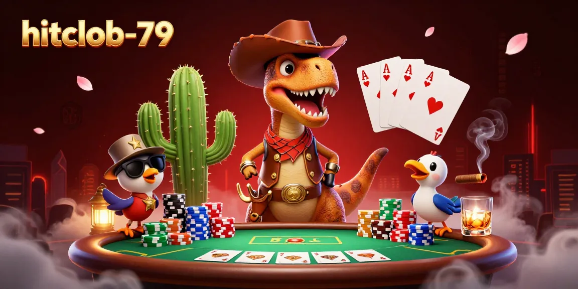 Engage in high-stakes poker at hitclub-79 with cartoon dinosaur and companions around a vibrant poker table.