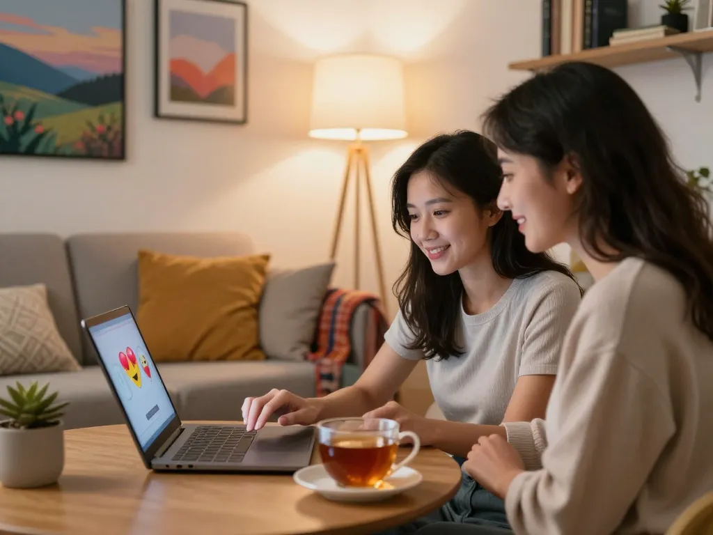 Engaging with an AI girlfriend chatbot in a cozy living room setting.