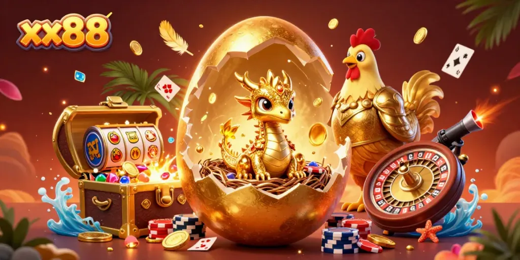 Win big with xx88: a golden dragon amidst vibrant slots and sparkling treasures.