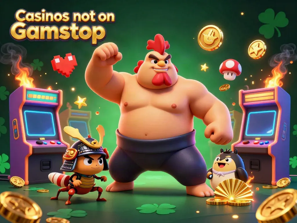 Animated scene showcasing Casinos not on Gamstop with a sumo rooster, samurai cricket, and tanuki announcer.