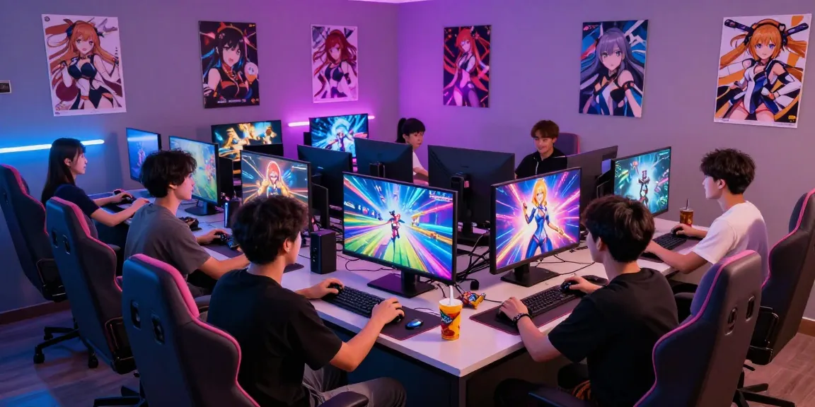 Engaging ecchi game gaming session with players enjoying colorful RPGs and visual novels in a vibrant neon-lit room.