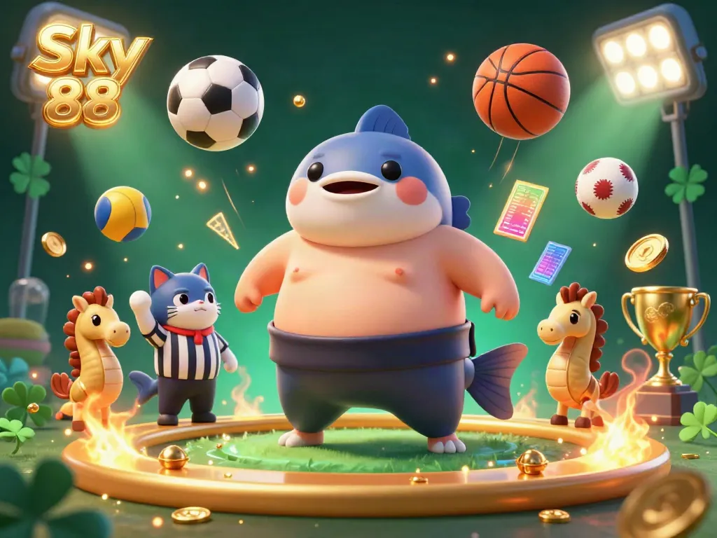 Experience the excitement of Sky 88 with a playful underwater casino scene featuring a lively fugu and seahorse spectators.