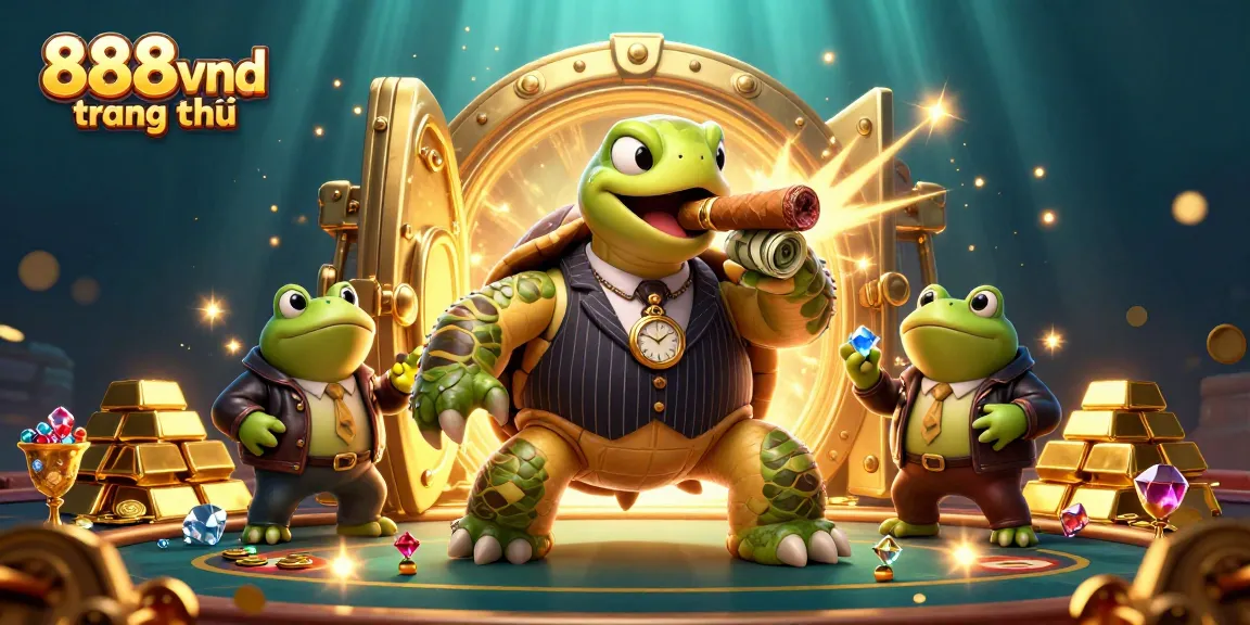 Experience excitement and treasures at 888vnd trang chủ with a dynamic casino scene featuring a turtle in mobster attire.