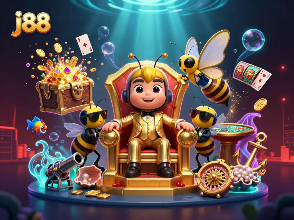 Engage in thrilling slots and casino excitement with j88's vibrant gaming scene illustration.