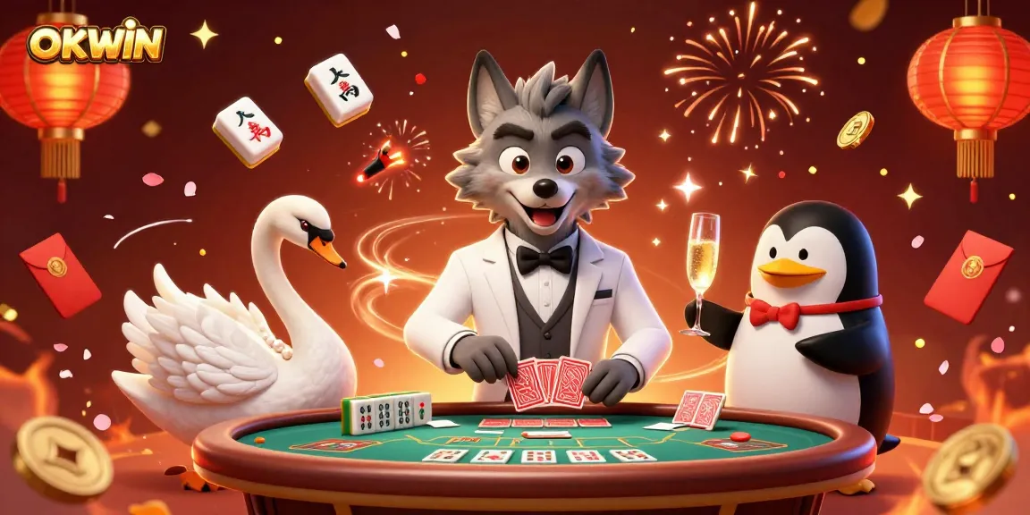 Engage with thrilling OKWIN games as a 3D wolf and elegant characters celebrate fortune at the baccarat table.