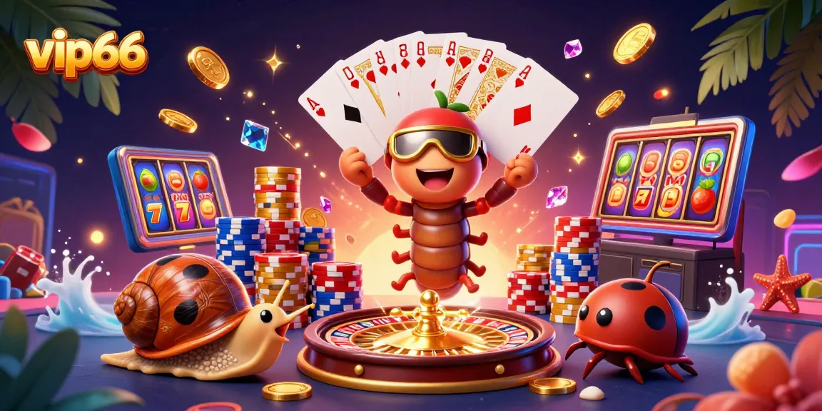 Win big with vip66, featuring a vibrant casino scene with a millipede dealer and rich game elements.