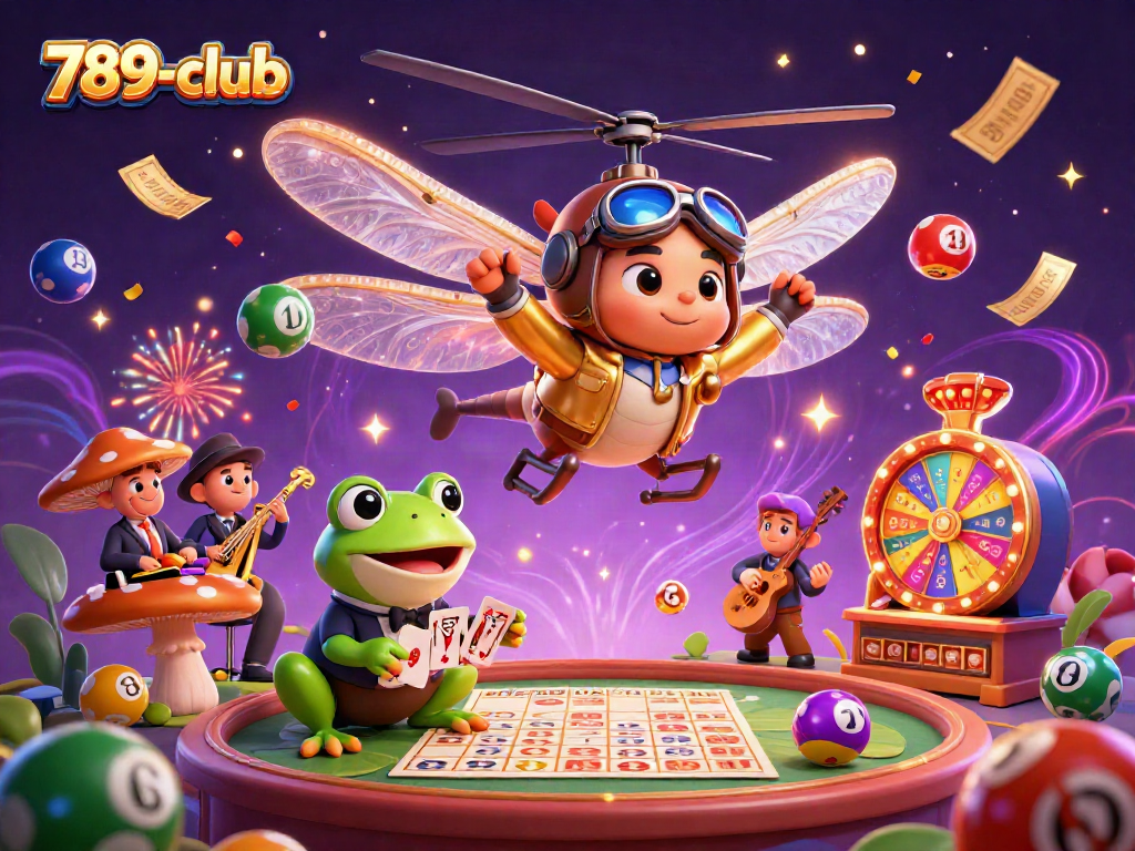 Experience the excitement of 789-club with a dragonfly pilot, frog dealer, and jazz musicians in a vibrant casino scene.