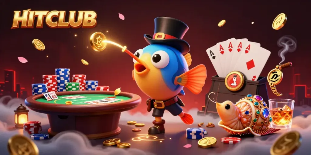 Engage with the HITCLUB casino world, featuring vibrant characters, sparkling treasures, and dynamic poker elements.